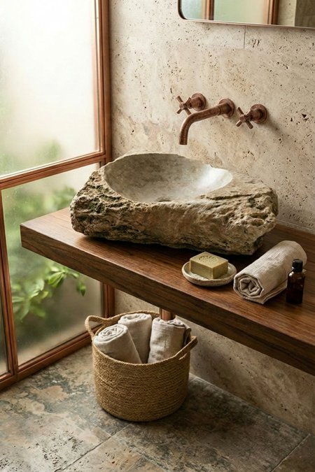 حوض مغسلة حجري طبيعي خام – 41×63 سم